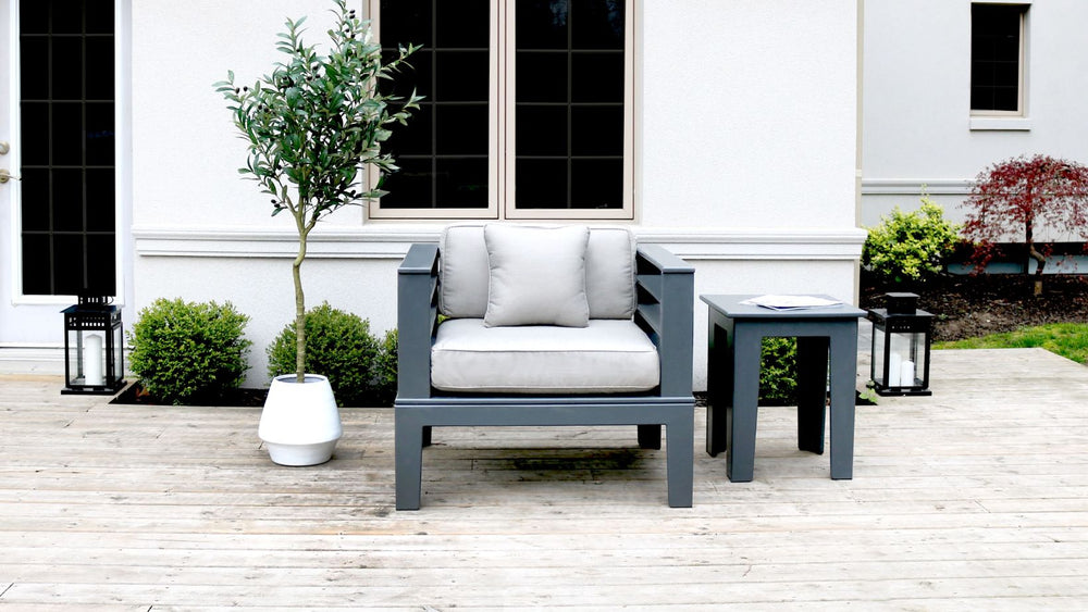 Adorna Canadian Made Grey Slate Recycled Plastic Sustainable Outdoor Patio Seating Club Chair: Modern, and stylish. Shop now!